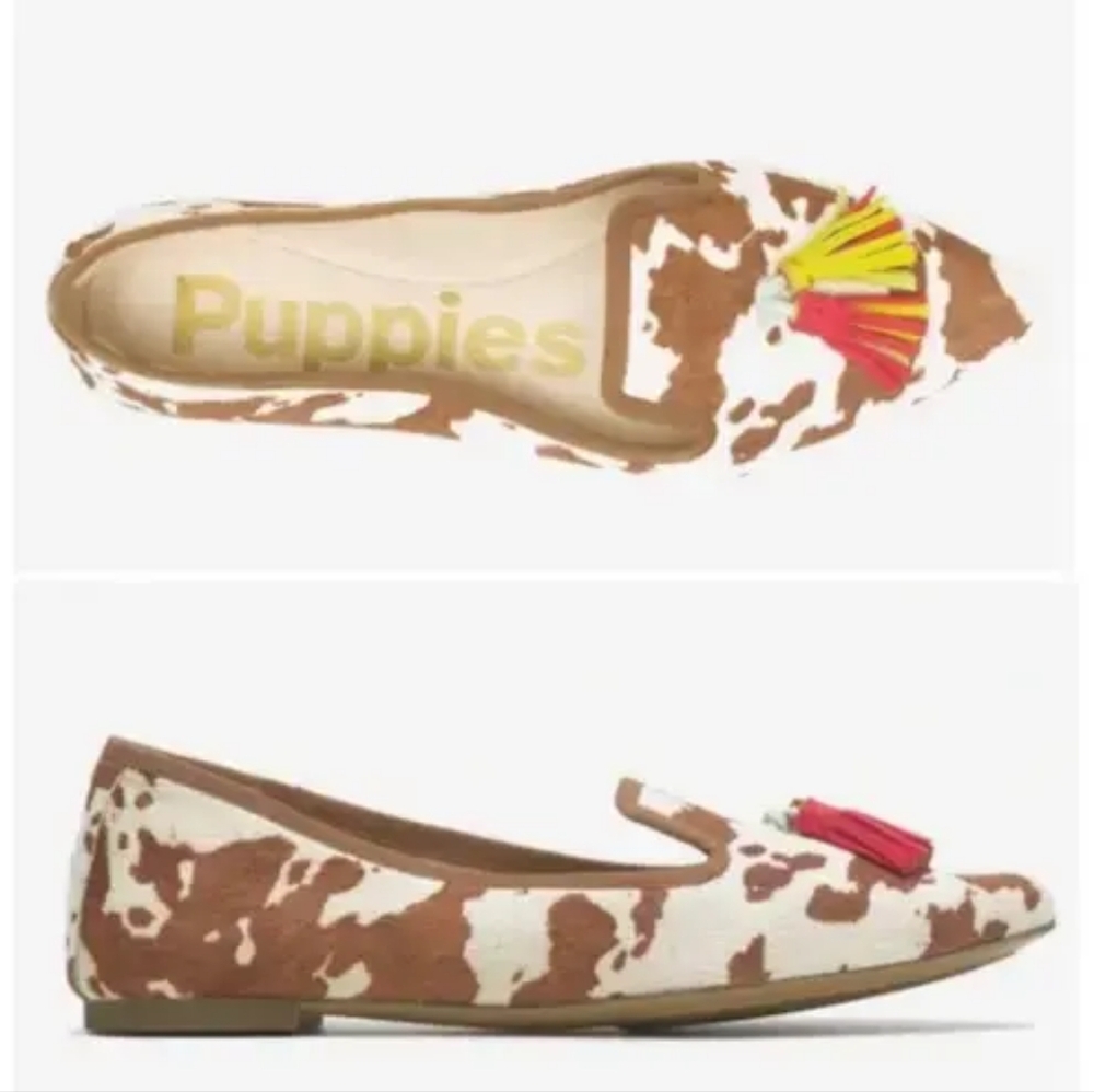 NEW Hush Puppies Sadie Tassel Flats Cow Print/Pink/Green